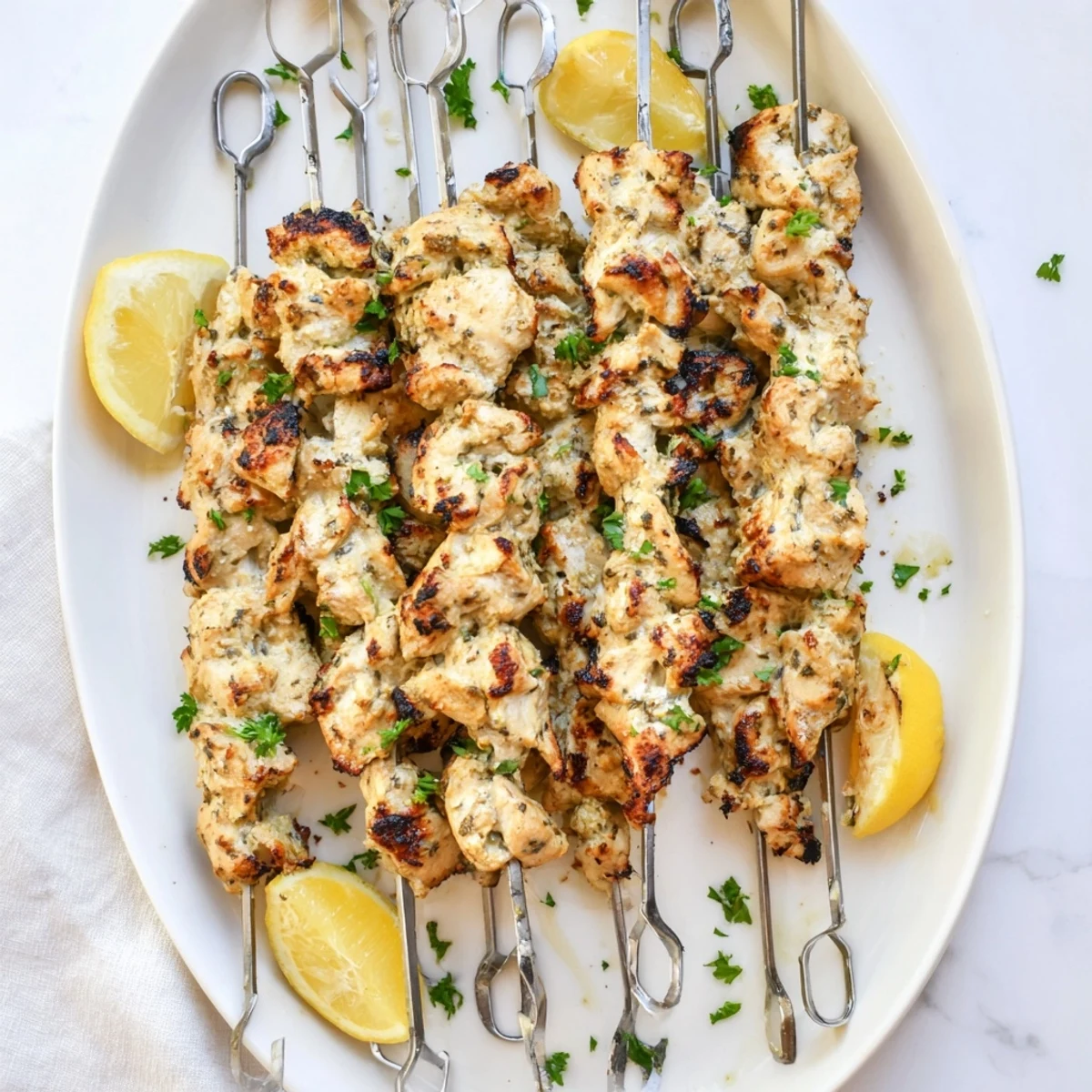 Golden grilled Greek yogurt marinated chicken skewers with charred edges and fresh herbs
