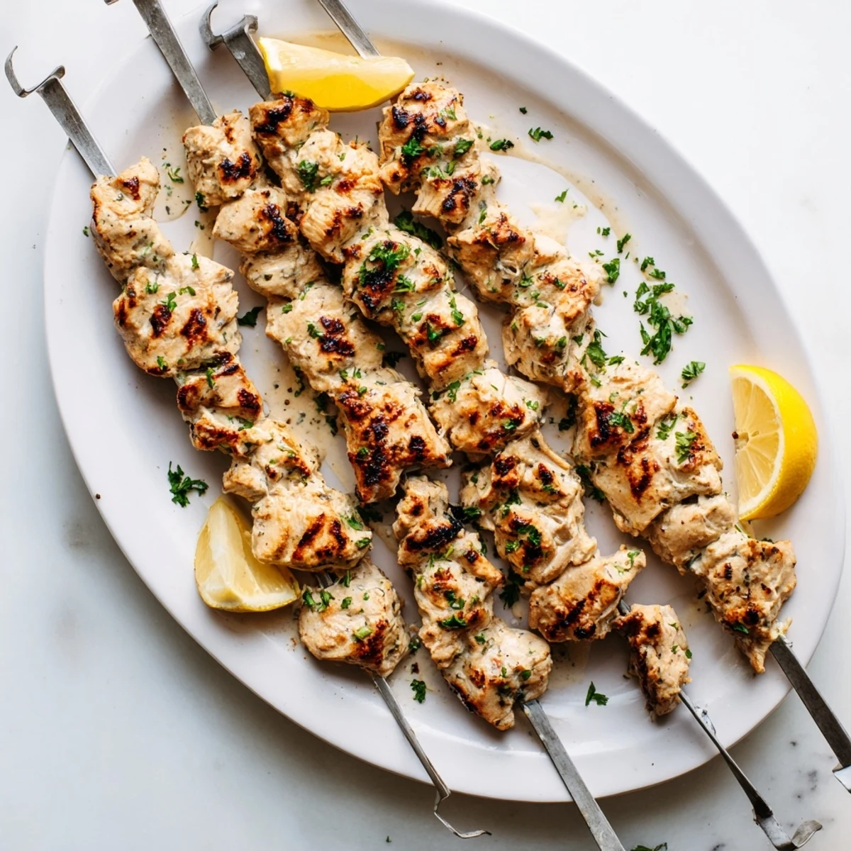 Juicy grilled chicken skewers coated in Greek yogurt marinade with visible grill marks and lemon
