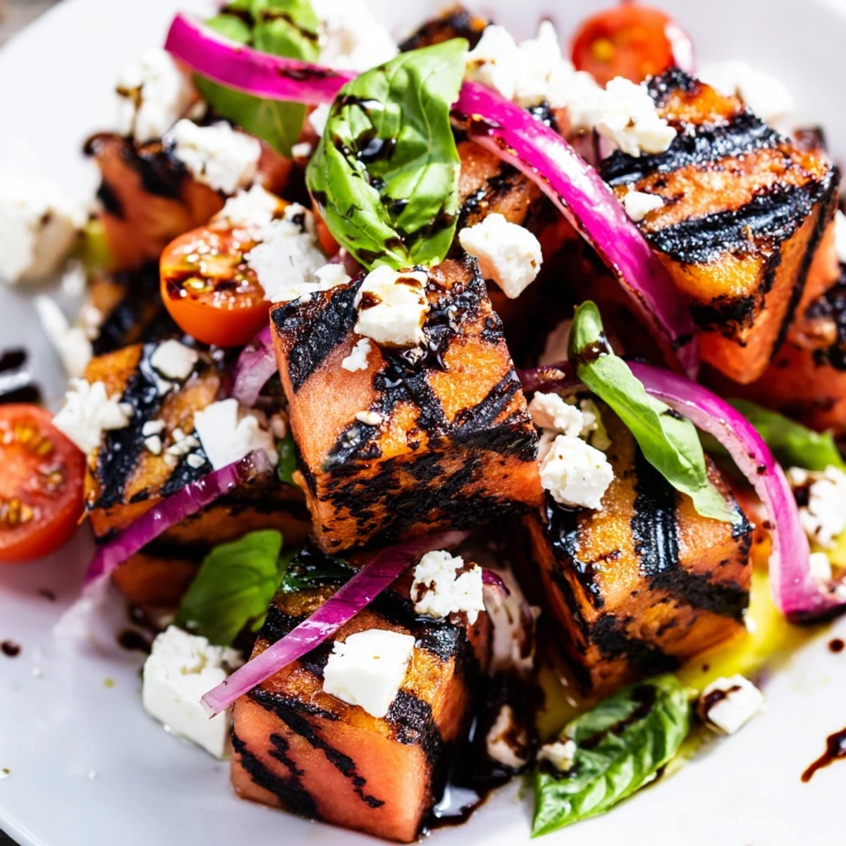 Grilled watermelon salad featuring smoky charred cubes, crumbled feta cheese, and fresh basil leaves