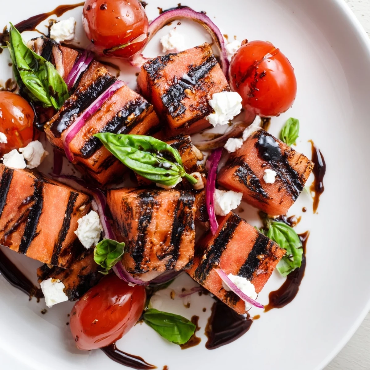 Vibrant grilled watermelon, feta, and basil salad with cherry tomatoes and balsamic glaze drizzle