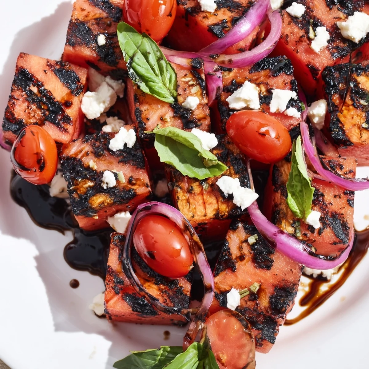 Summer grilled watermelon salad topped with salty feta, basil, and red onion slices
