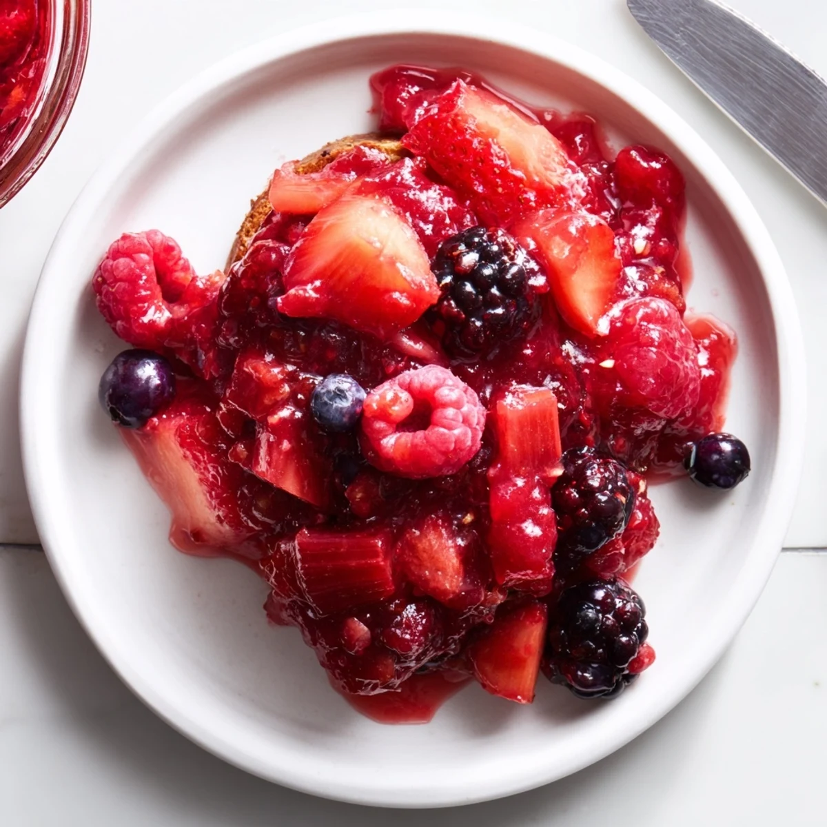 Glossy jars of homemade strawberry rhubarb raspberry jam with a berry twist, ruby-red and ready for canning.