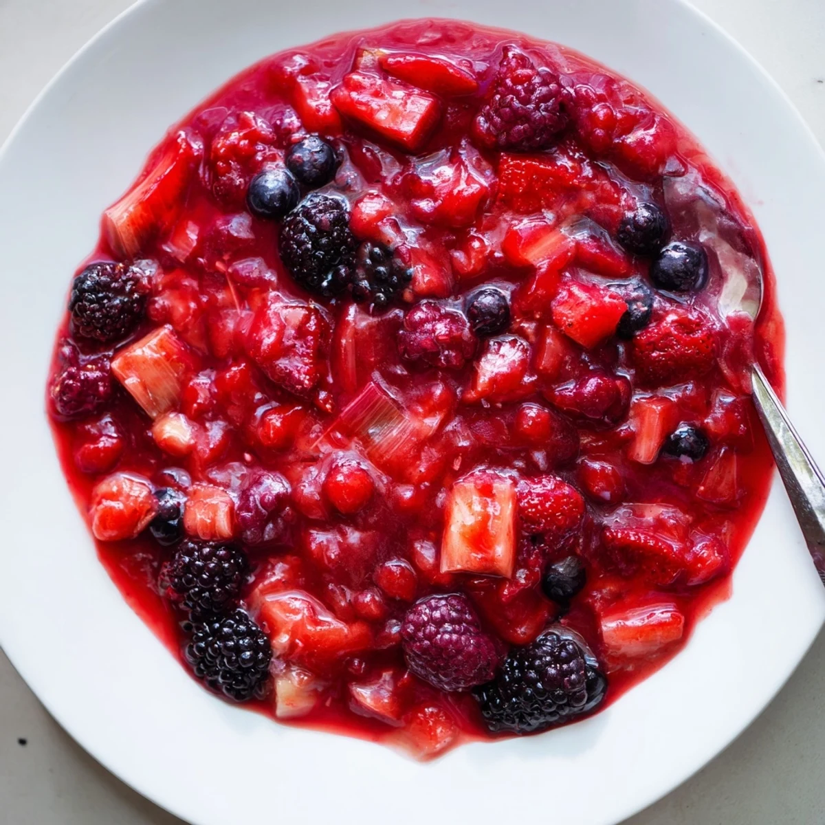 Spoonful of vibrant strawberry rhubarb raspberry jam with a berry twist swirled over morning toast or fresh scones.