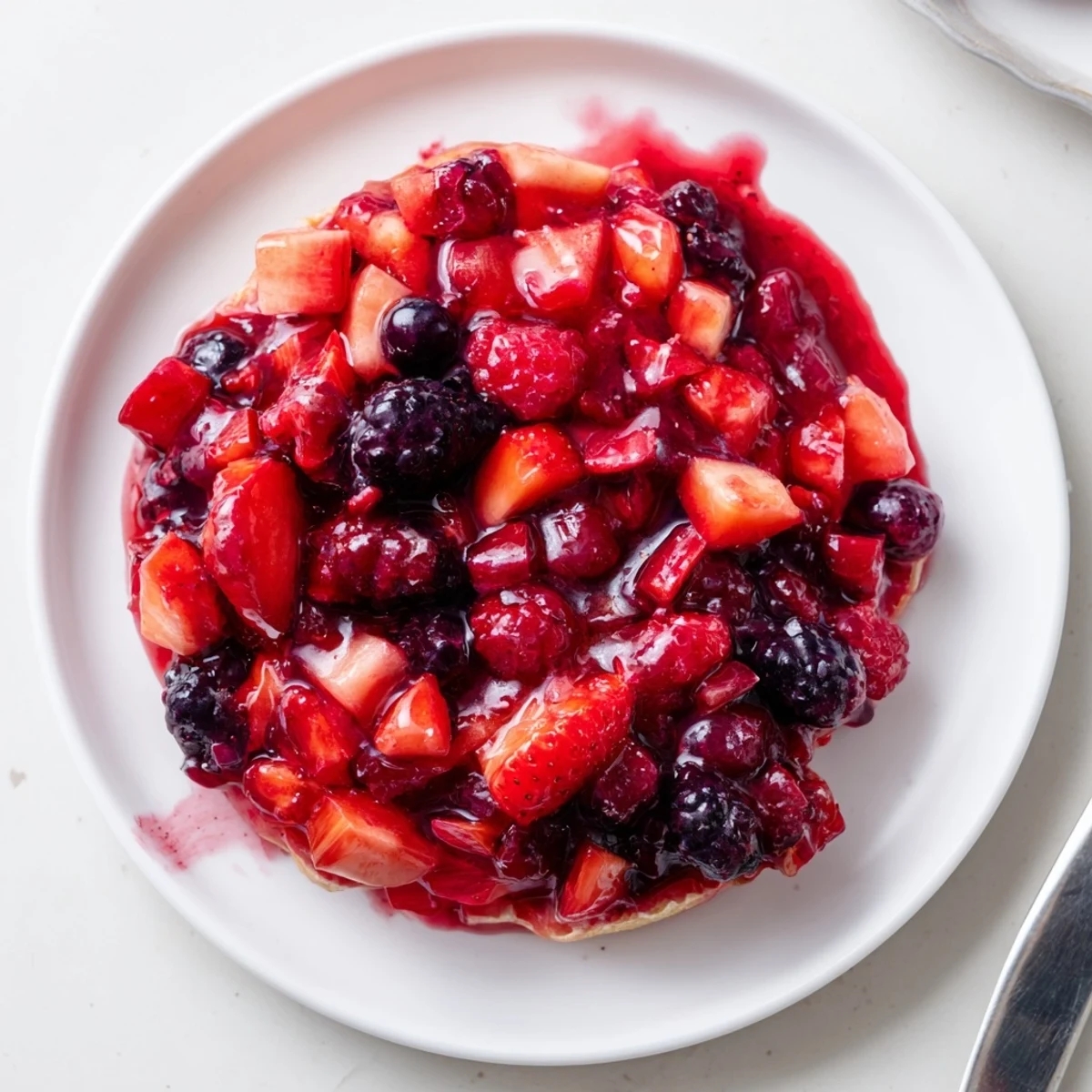 Golden sunlight streaming through glass jars filled with bright red strawberry rhubarb raspberry jam with a berry twist.