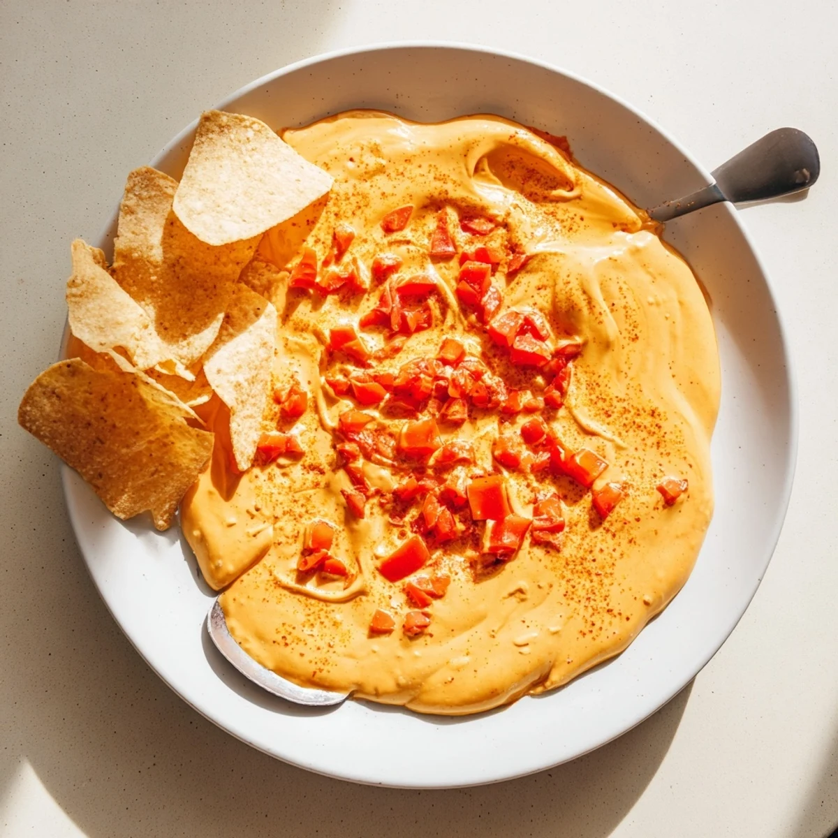 Creamy vegan nacho cashew cheese sauce drizzled over crispy tortilla chips with fresh toppings