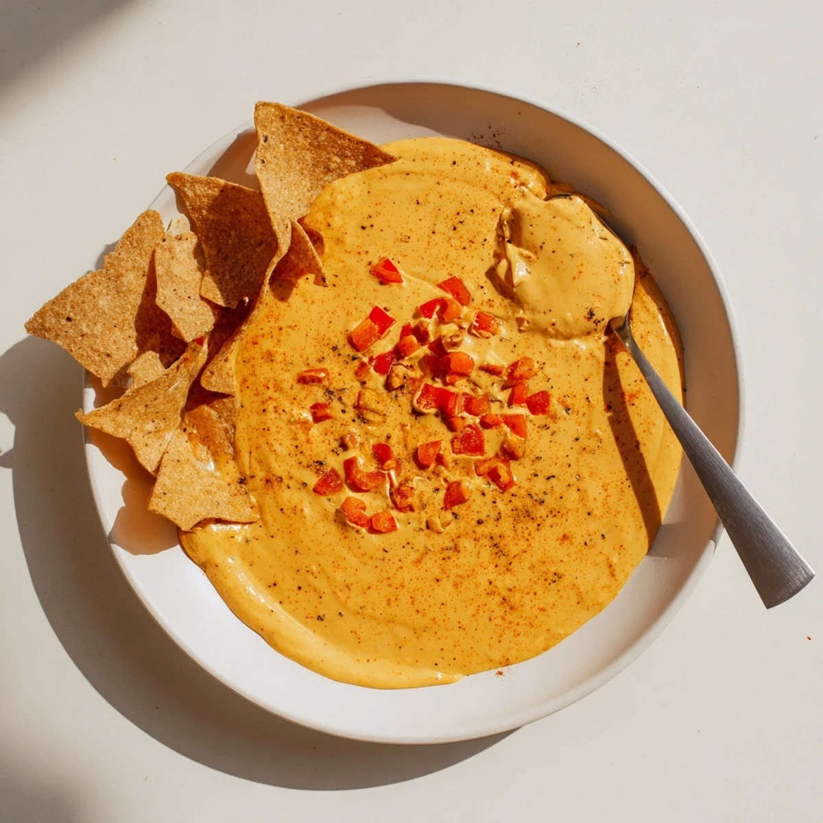 Smooth dairy-free nacho cashew cheese sauce served warm in a rustic bowl for dipping