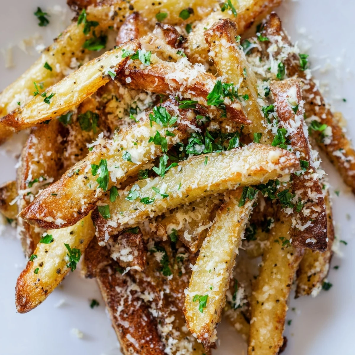 Golden homemade truffle fries topped with fresh Parmesan and chopped parsley on a white plate