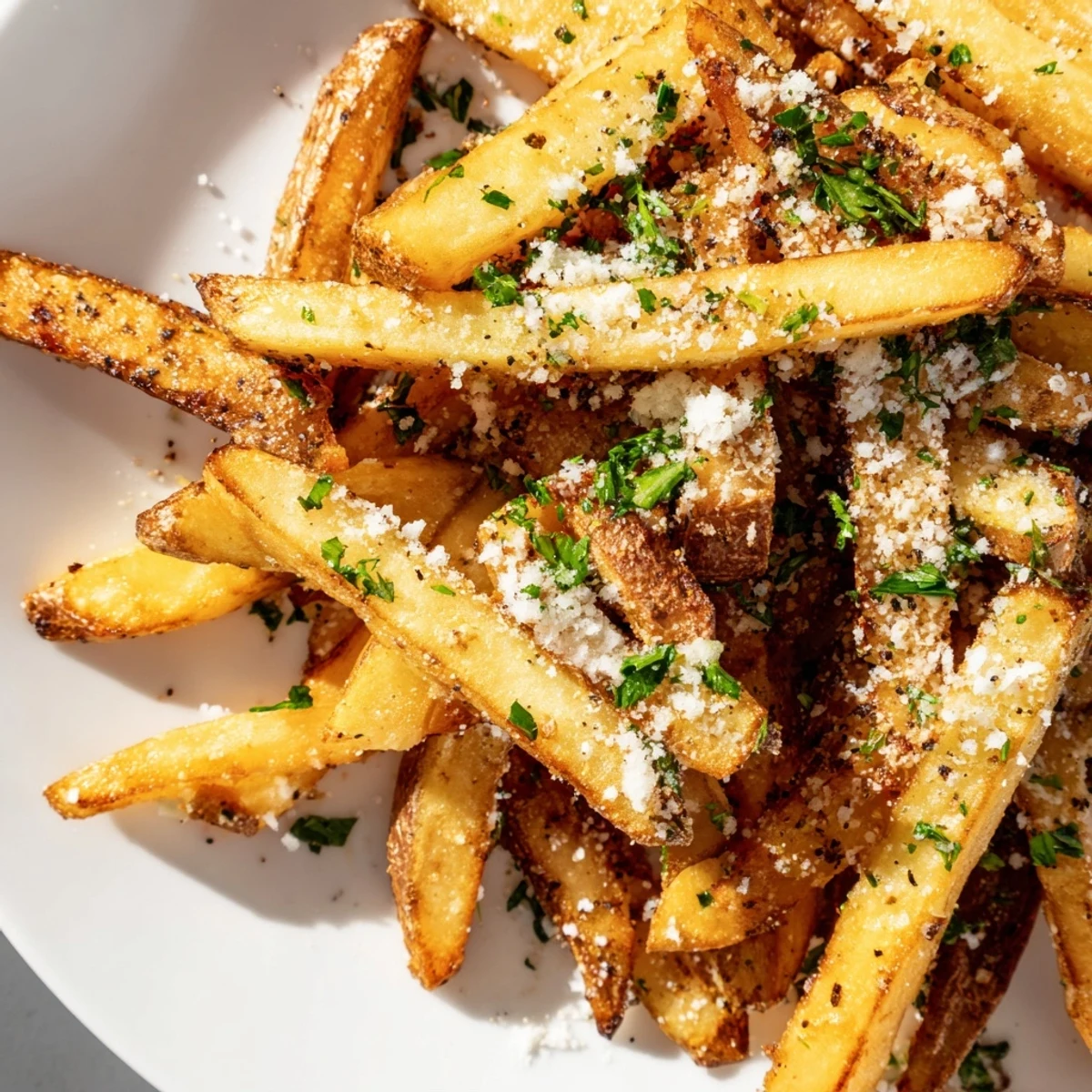 Crispy oven-baked truffle fries drizzled with aromatic oil and sprinkled with grated Parmesan cheese