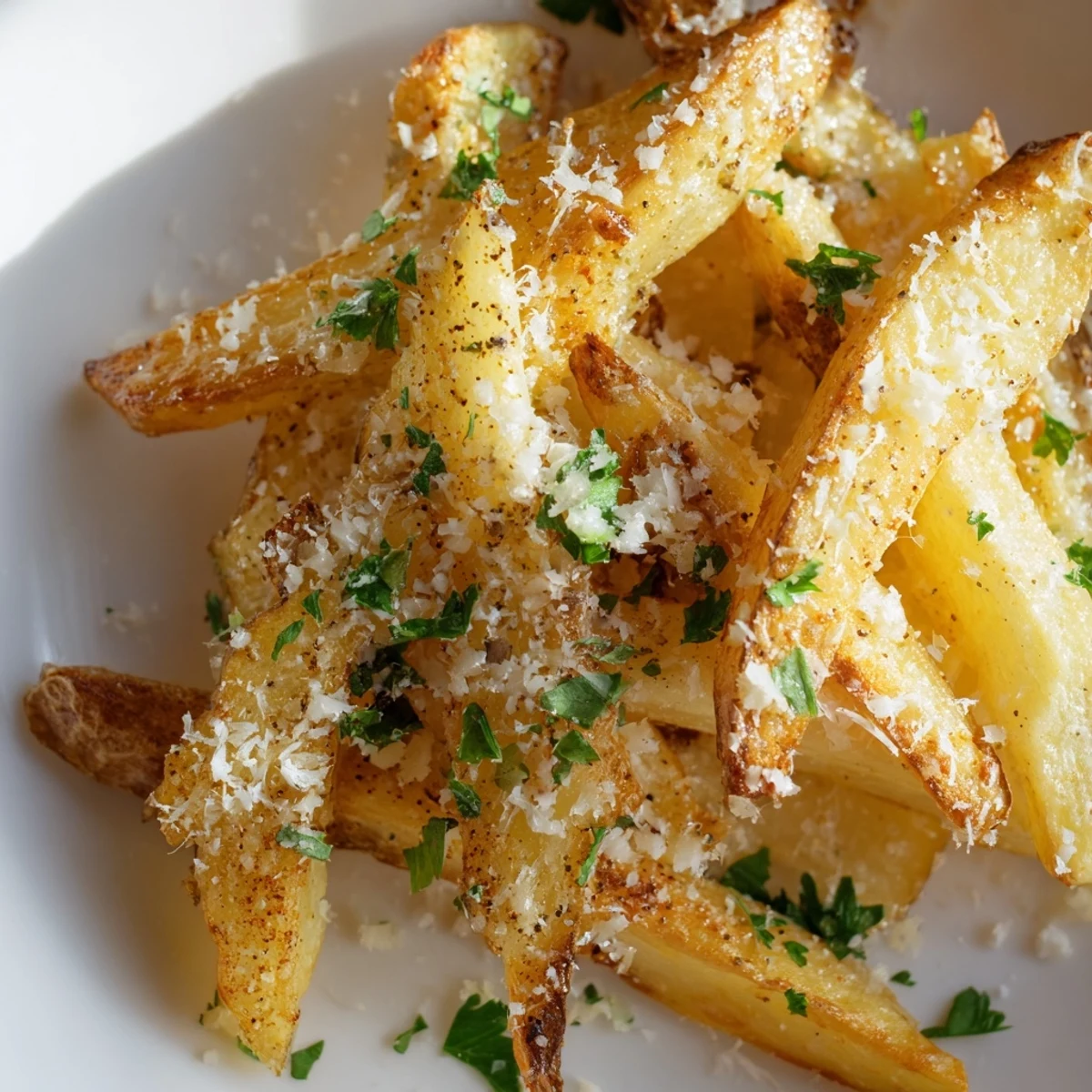 Steaming pile of golden truffle fries crowned with Parmesan and black pepper on a rustic wooden board