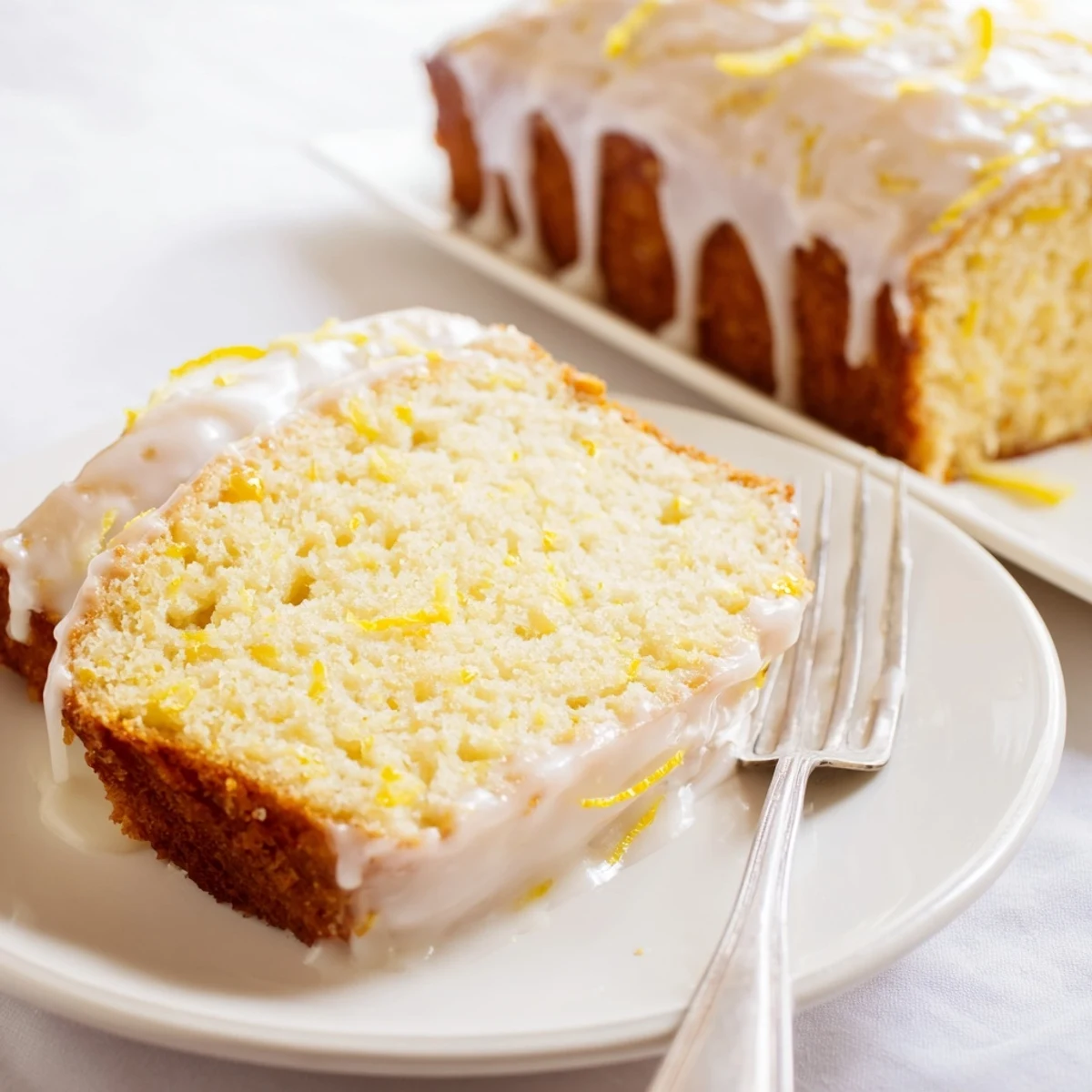 Golden Greek yogurt lemon loaf drizzled with white glaze on a wooden board