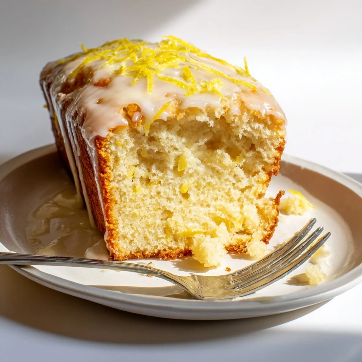 Sliced lemon cake with yogurt sitting on a white plate garnished with fresh lemon