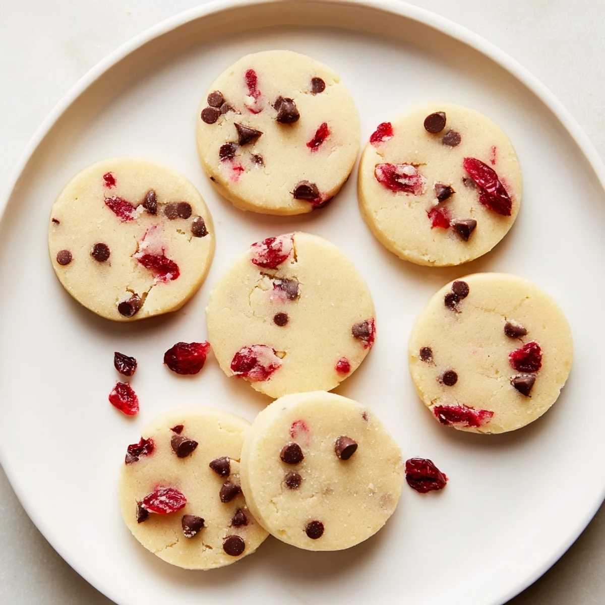 Golden Christmas Maraschino Cherry Shortbread cookies with red cherry pieces on white plate