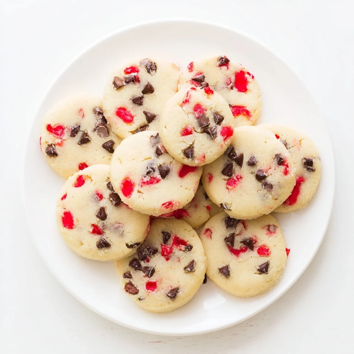 Festive holiday shortbread rounds dotted with sweet chopped maraschino cherries ready for Christmas gifting