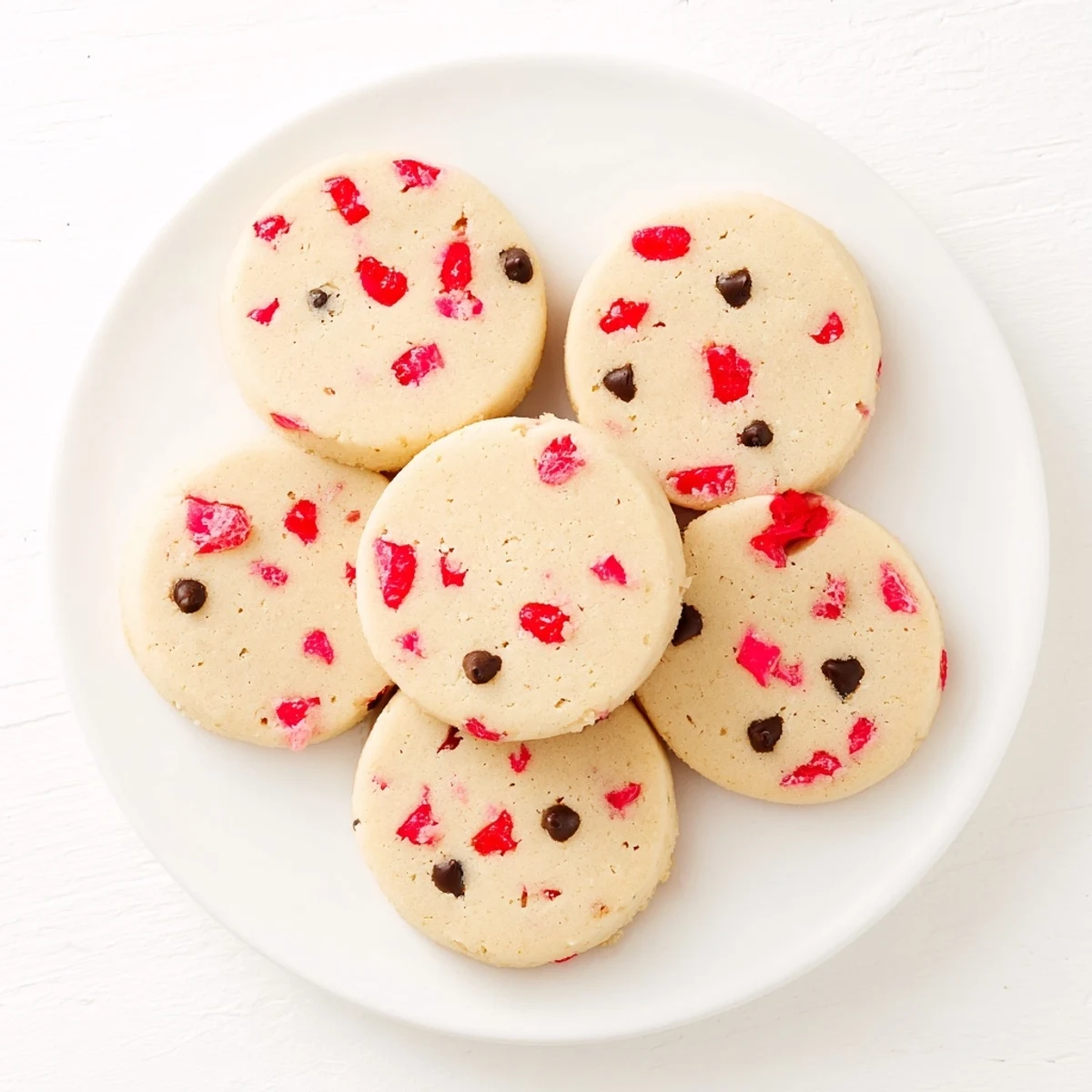 Buttery shortbread cookies studded with bright red maraschino cherries and optional mini chocolate chips