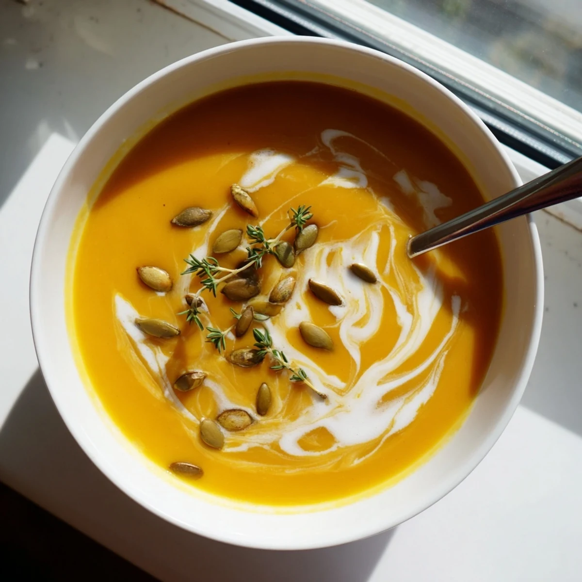 Creamy roasted butternut squash soup garnished with fresh thyme and toasted pumpkin seeds