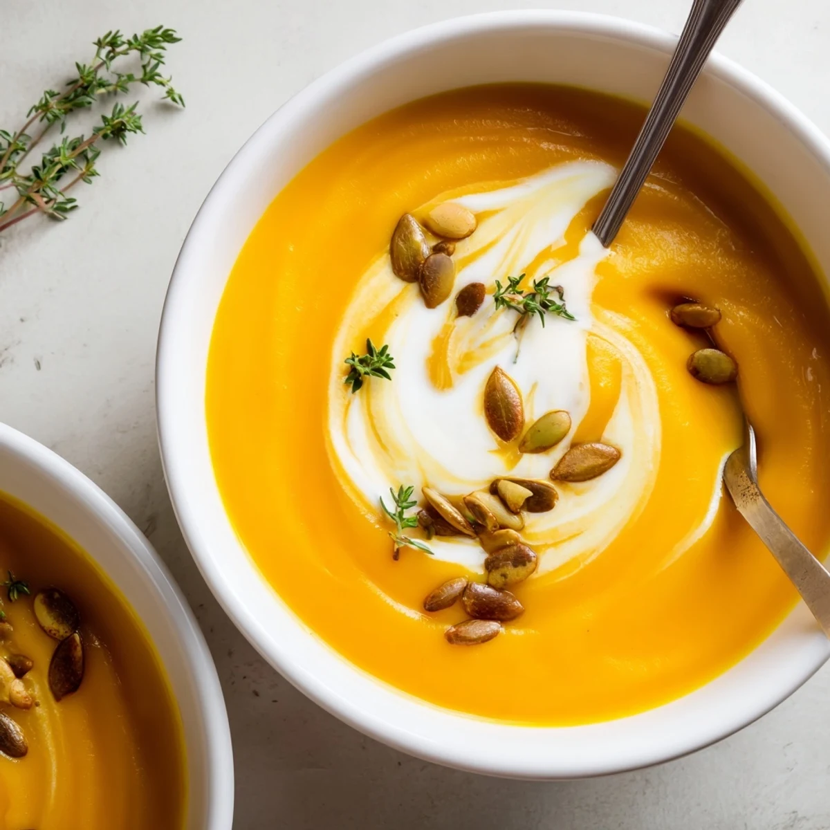 Velvety butternut squash soup featuring caramelized roasted vegetables and rustic bread on side