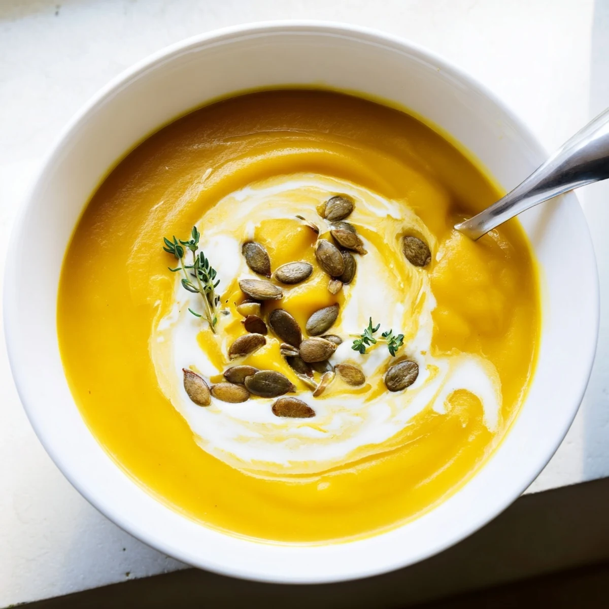 Golden bowl of smooth butternut squash soup with swirl of cream and herbs