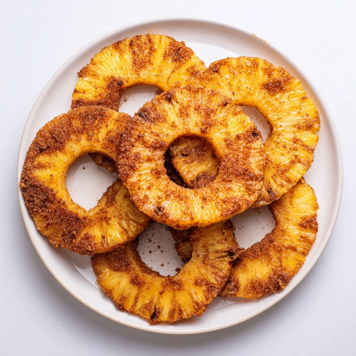 Golden brown air fryer pineapple slices dusted with cinnamon and caramelized sugar
