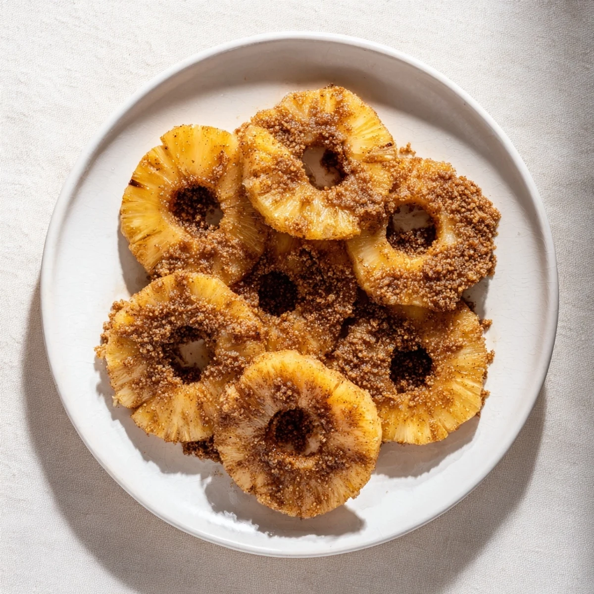 Crispy edged air fryer pineapple wedges sprinkled with cinnamon and vanilla drizzle