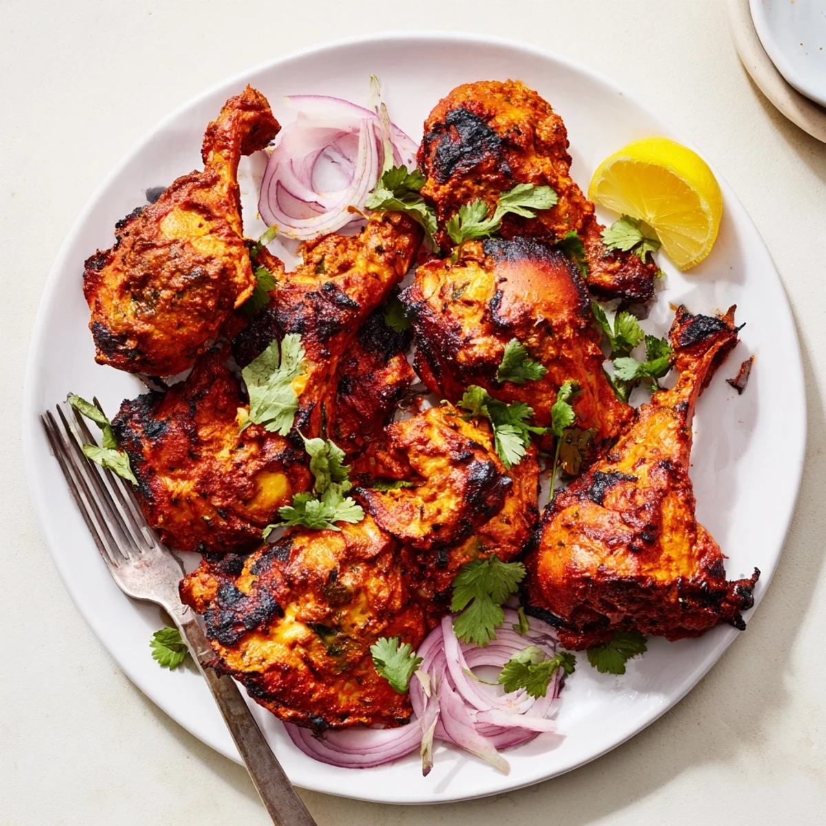 Golden tandoori chicken pieces roasted to smoky perfection with vibrant red spice coating