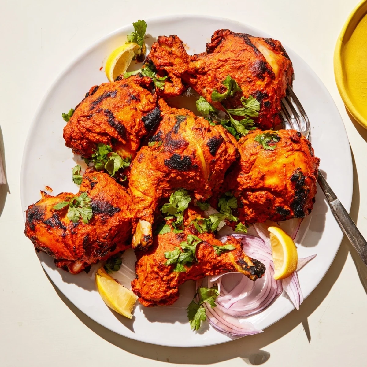 Plate of tender tandoori chicken with yogurt-spice crust served alongside lemon wedges and onions