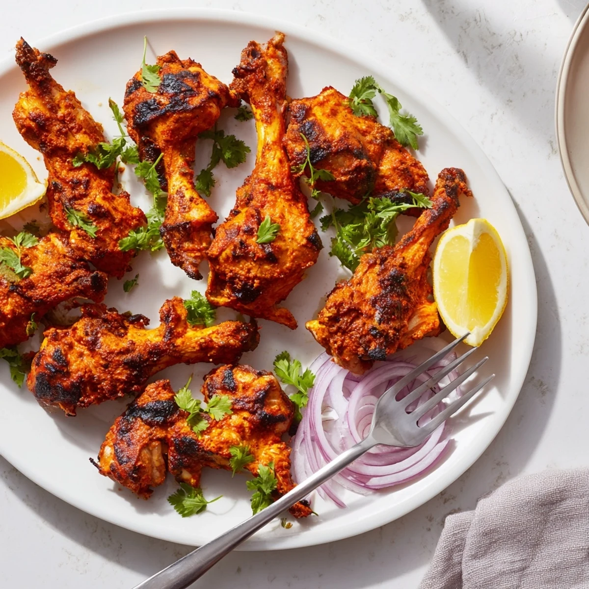 Marinated tandoori chicken sizzling on a rack with charred edges and fresh cilantro garnish