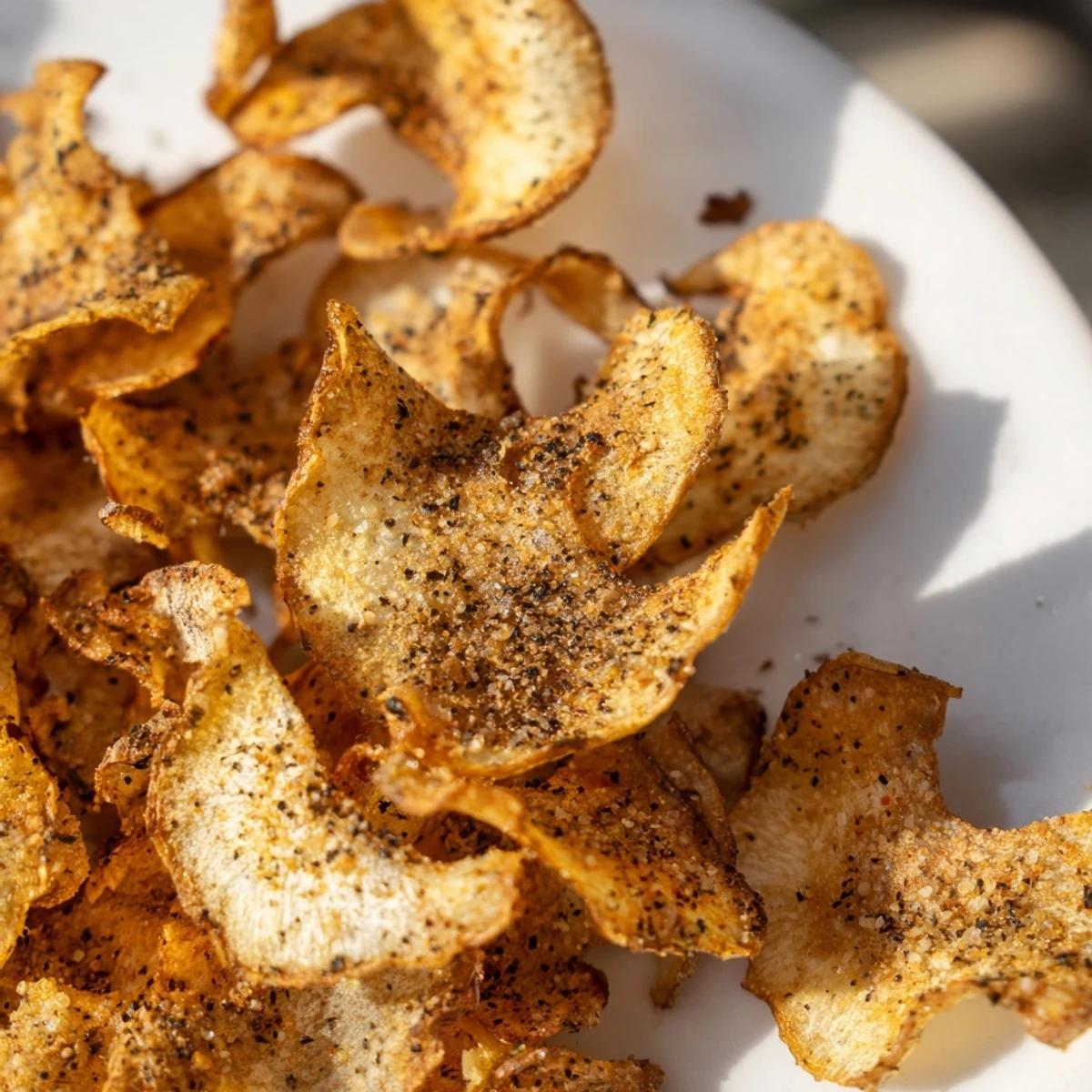 Golden brown air fryer radish chips arranged on a white plate, seasoned with spices and ready for snacking