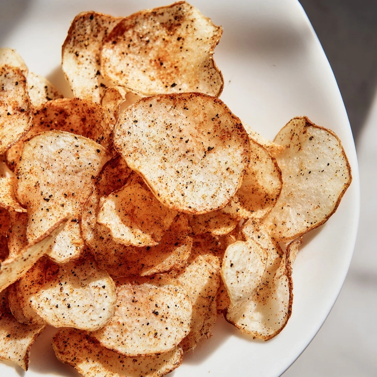 Crispy low-carb radish chips piled in a wooden bowl, showing golden edges and light seasoning dusting