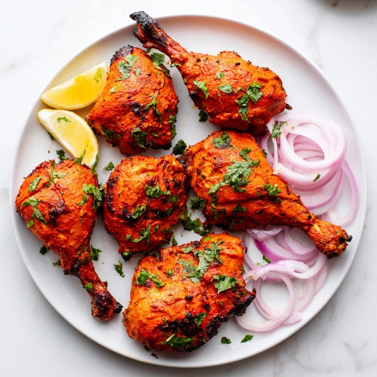 Marinated tandoori chicken thighs roasted to perfection with smoky spice coating and vibrant green herbs
