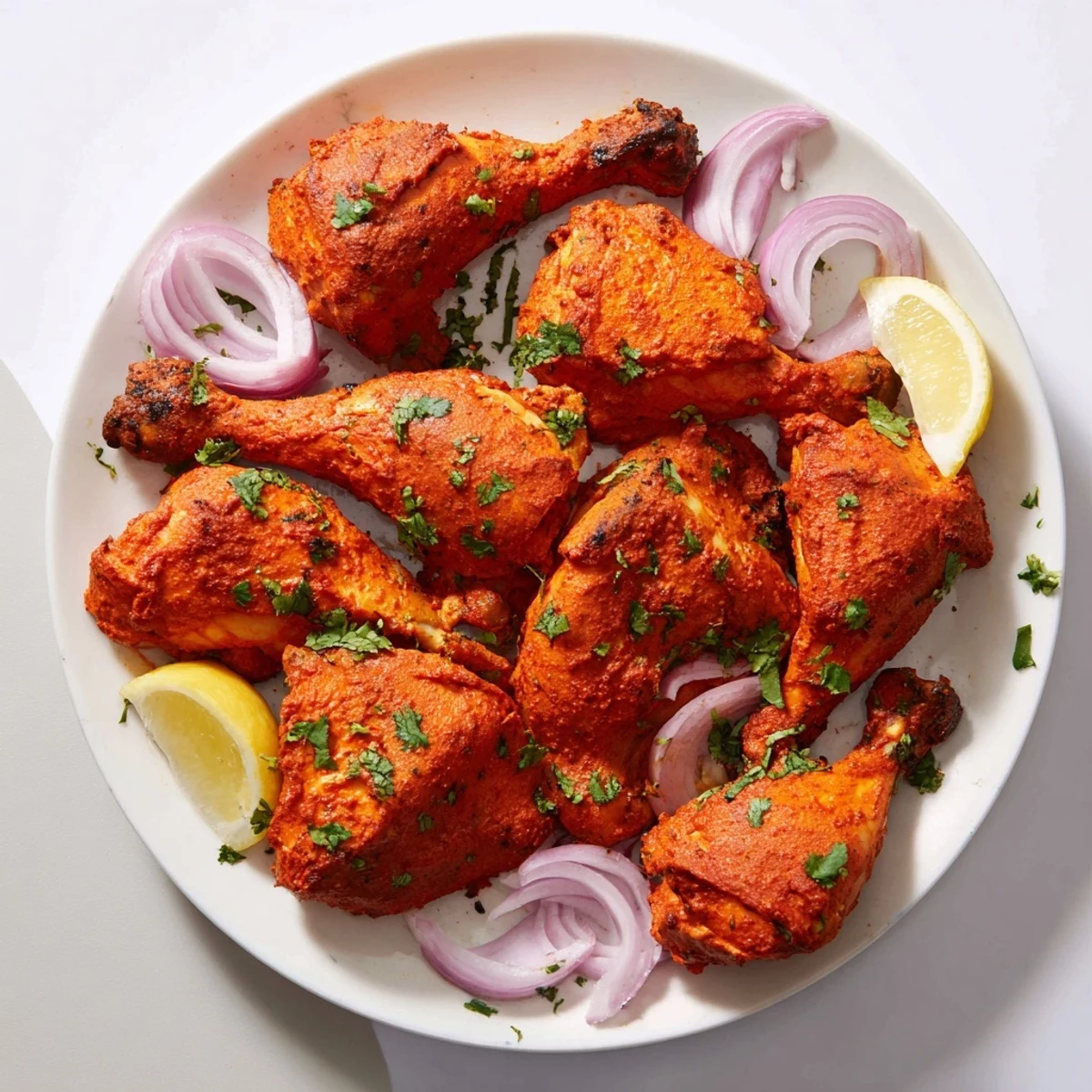 Succulent tandoori chicken pieces with charred edges garnished with fresh cilantro and lemon wedges