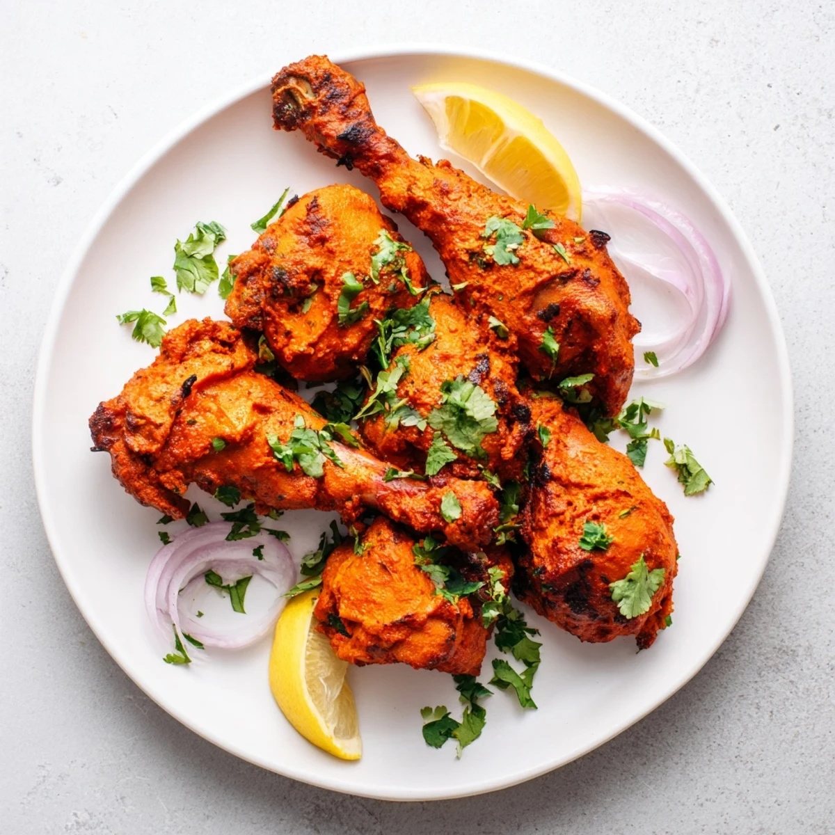 Golden tandoori chicken drumsticks with signature red yogurt marinade served alongside sliced red onions