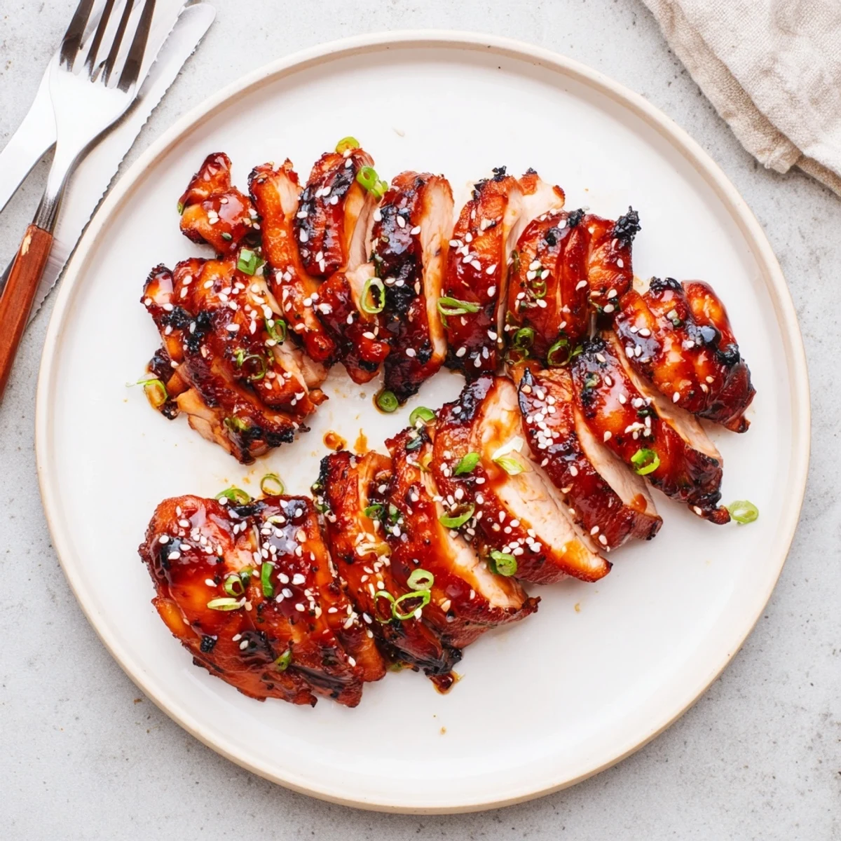 Golden glazed Authentic Char Siu Chicken slices arranged on a white serving plate with caramelized edges
