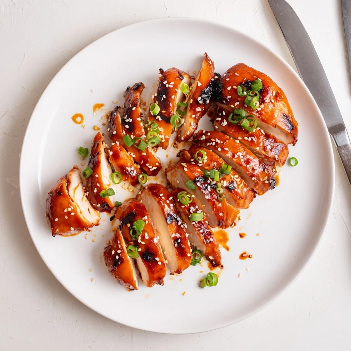 Roasted Cantonese-style chicken thighs brushed with sweet honey hoisin glaze, garnished with sesame seeds and scallions