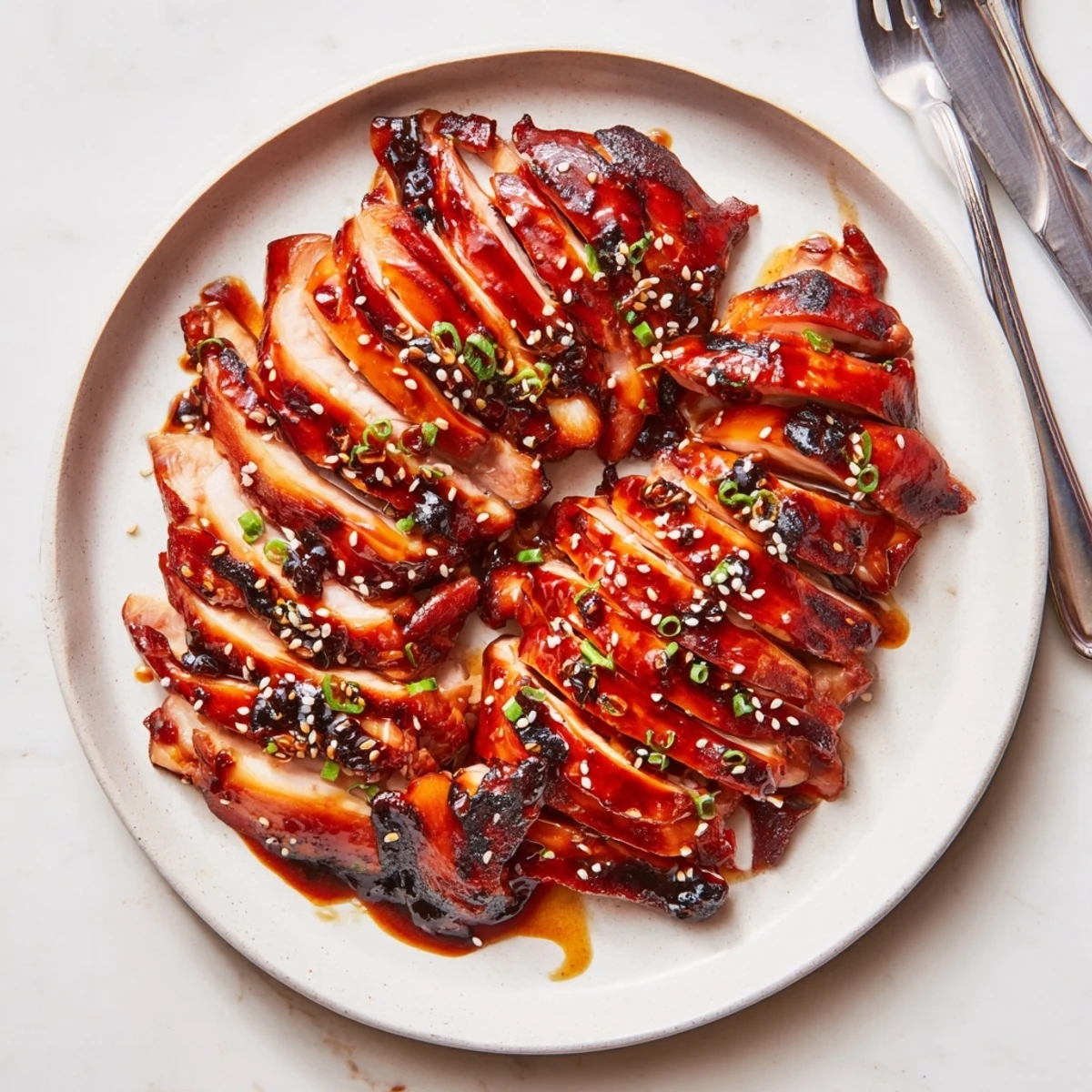 Tender sticky Authentic Char Siu Chicken pieces served over steamed white rice with vibrant green onions