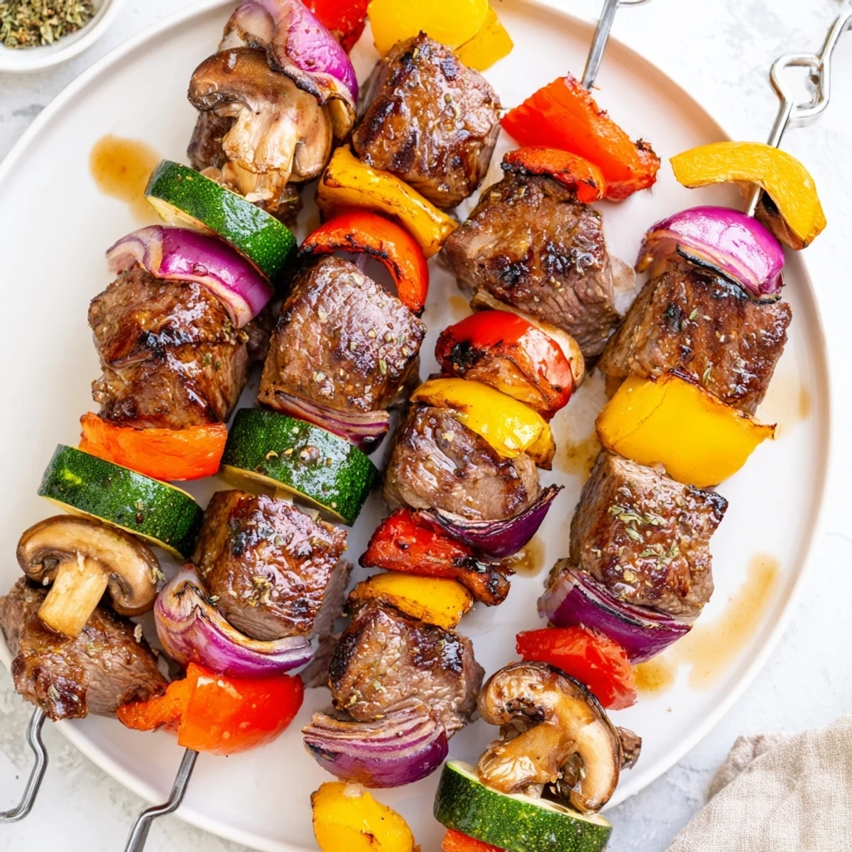 Juicy, charred Steak Kabobs with colorful peppers and onions, resting on grill