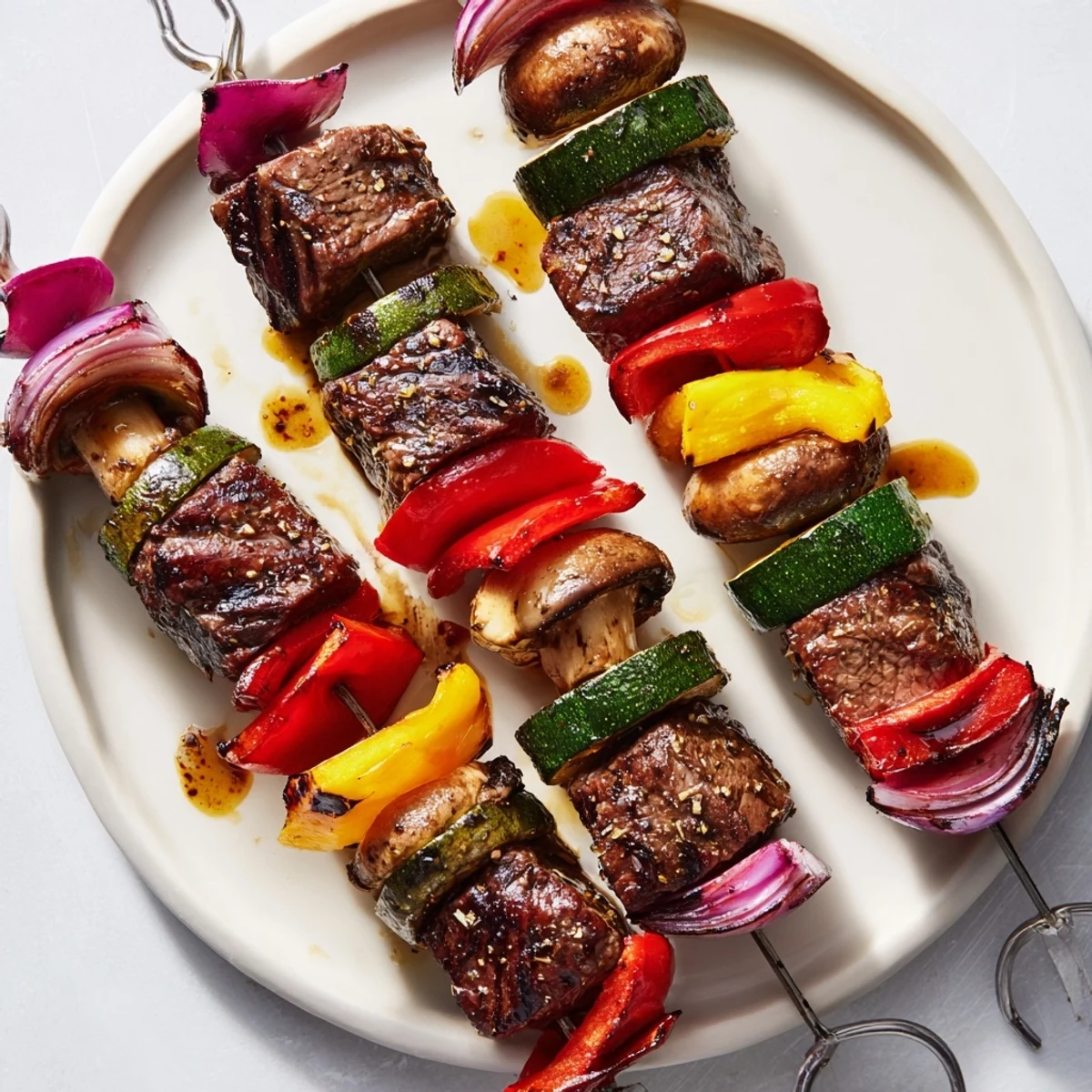 Skewered Steak Kabobs releasing smoky aroma, tender beef and crisp zucchini