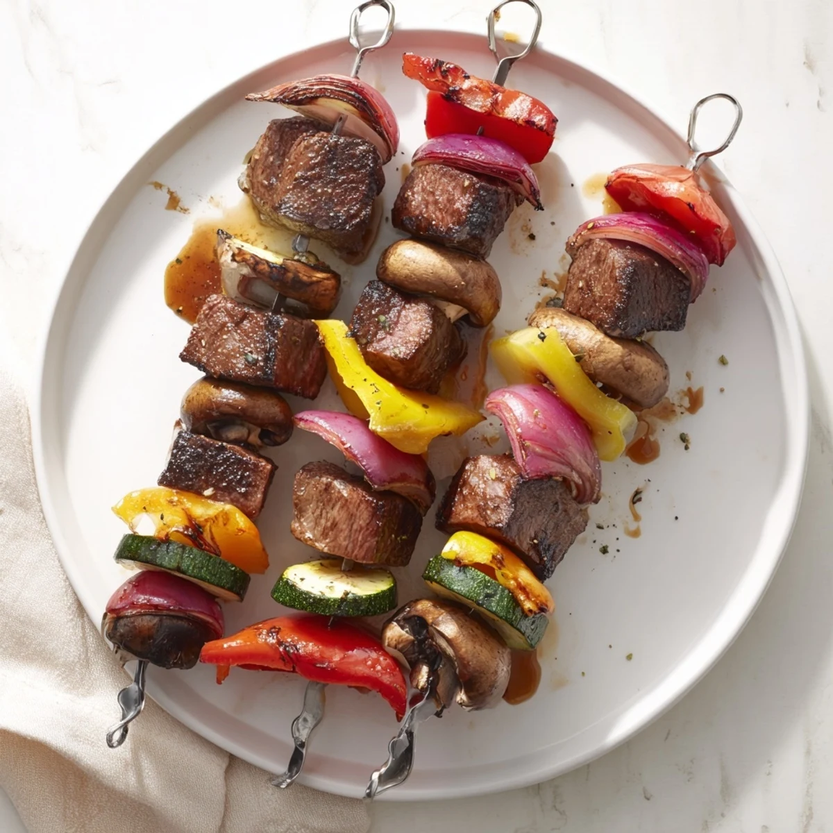 Marinated Steak Kabobs glistening with honey-soy glaze, served over fluffy rice