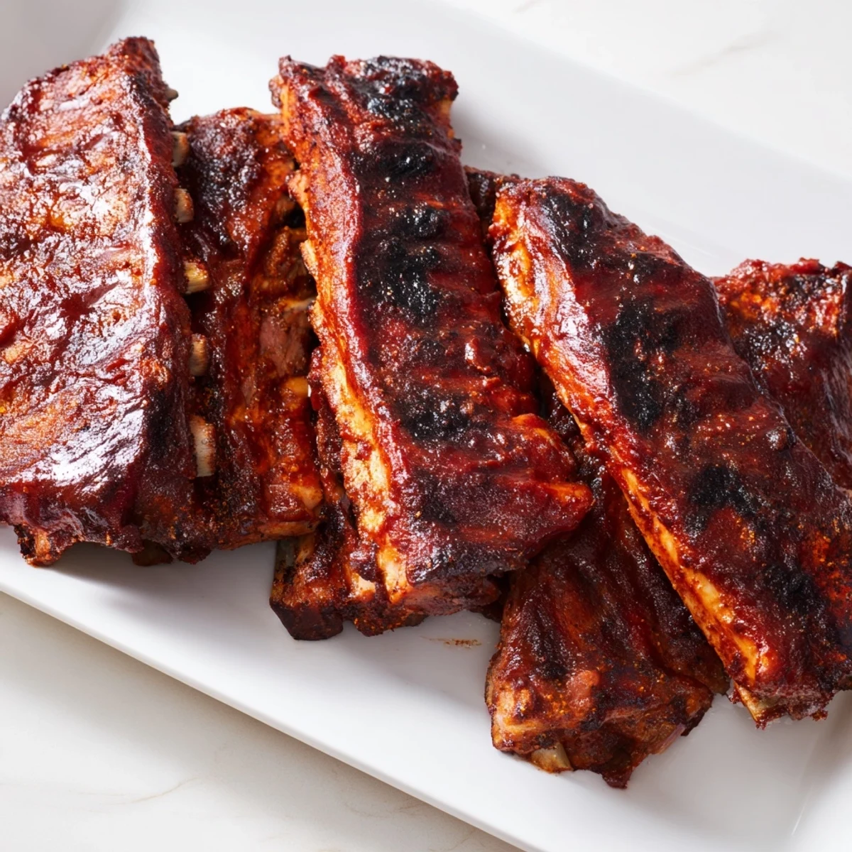 Tender grilled ribs coated in sweet sticky barbecue glaze with visible grill marks