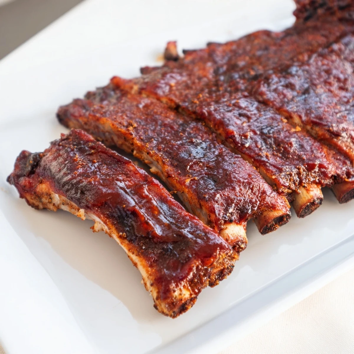 Caramelized barbecue ribs sliced into meaty portions ready for serving with coleslaw