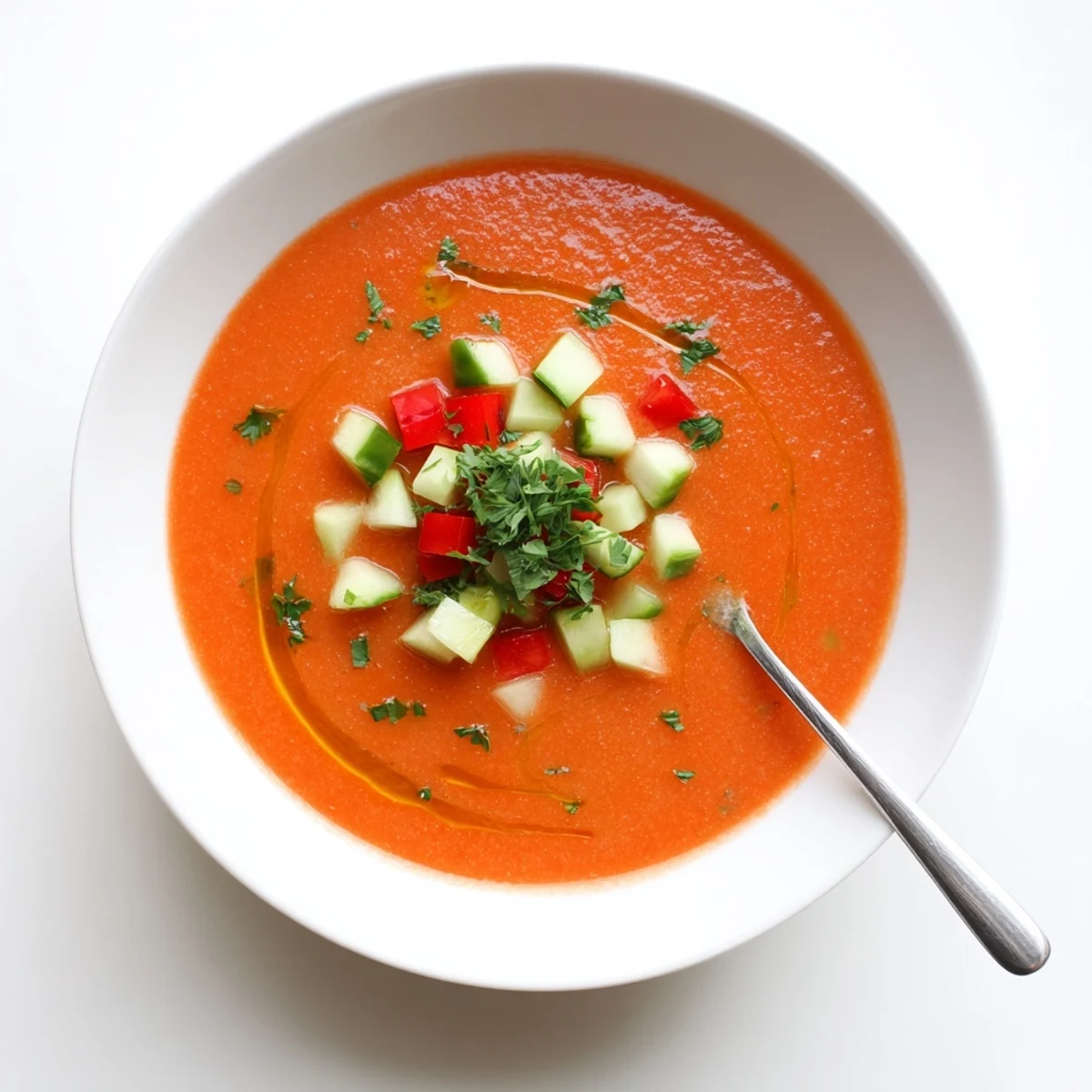 Vibrant bowl of chilled tomato gazpacho topped with diced cucumber and fresh herbs