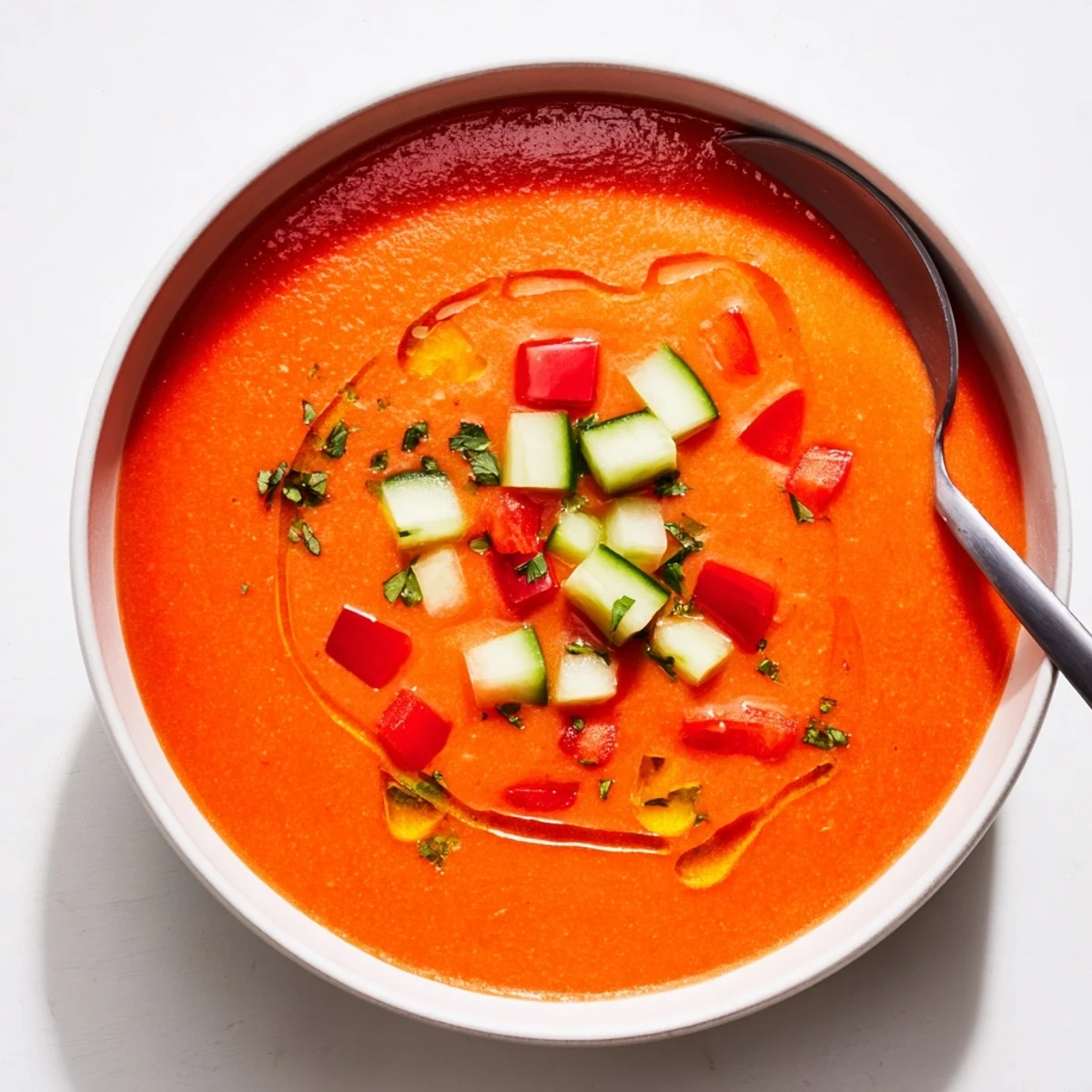 Refreshing red tomato gazpacho with crisp cucumber and bell pepper pieces floating on top