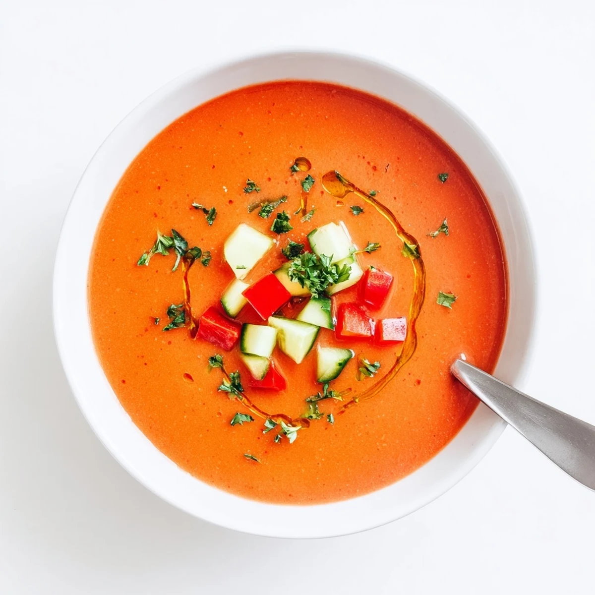 Smooth Spanish chilled tomato gazpacho served in a white bowl with colorful vegetable garnish