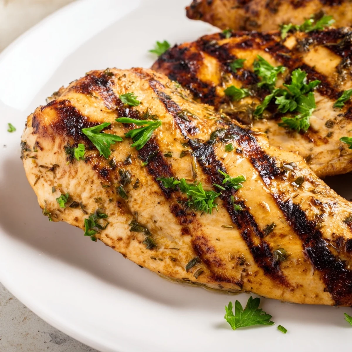 Juicy grilled chicken breasts with beautiful char marks fresh off the grill