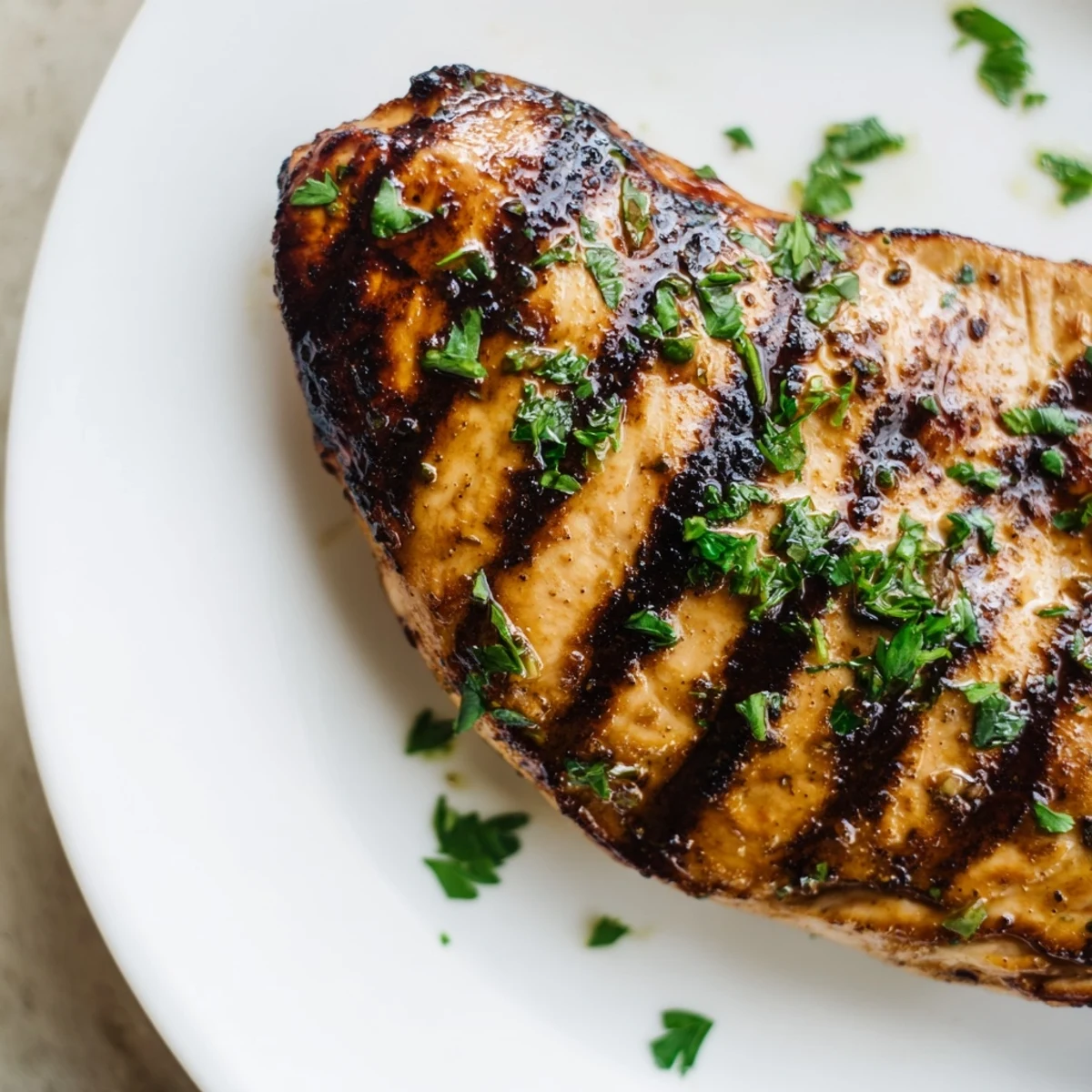 Perfectly grilled chicken seasoned with herbs and resting on a serving platter