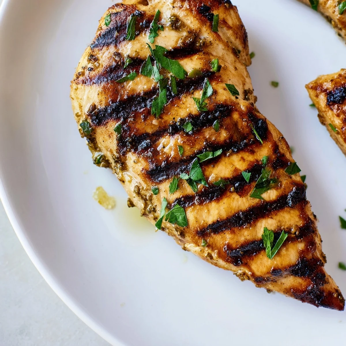 Golden grilled chicken with lemon wedges and fresh parsley garnish