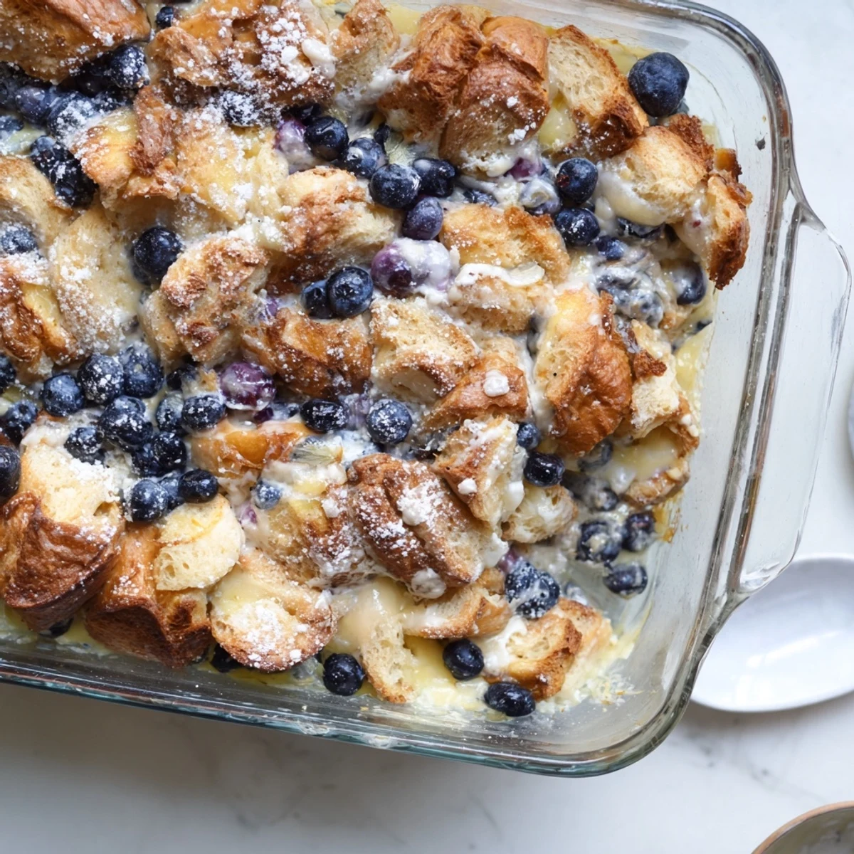Baked blueberry cream cheese croissant casserole dusted with powdered sugar on a white plate