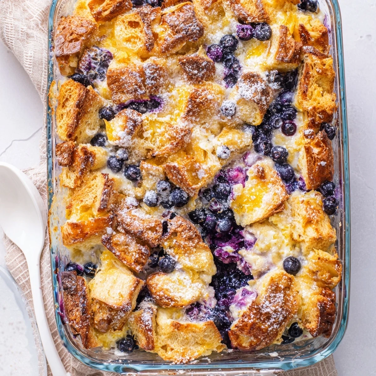 Golden blueberry cream cheese croissant casserole with juicy berries peeking through buttery layers