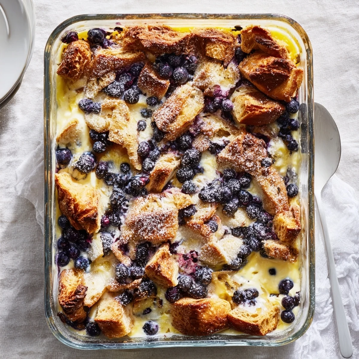 Spoonful of creamy blueberry cream cheese croissant casserole with golden croissant pieces and fresh blueberries