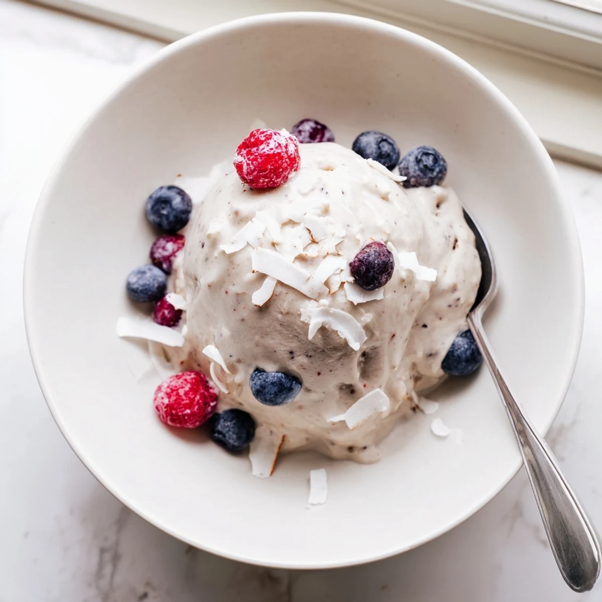 Creamy healthy nice cream bowl topped with fresh berries and coconut flakes in a glass dish.
