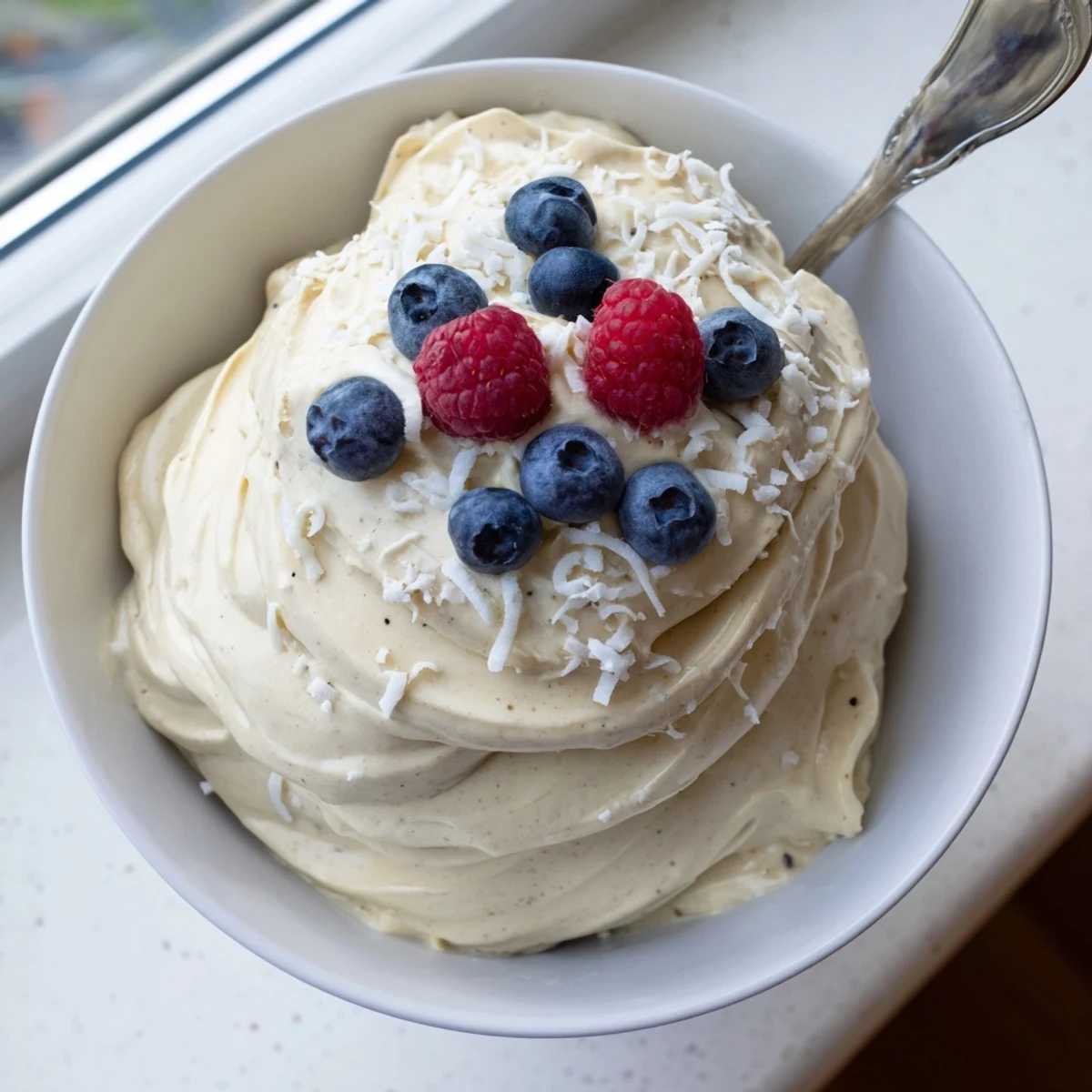 Smooth scooped healthy nice cream sitting in a chilled glass bowl alongside whole fresh strawberries as garnish.